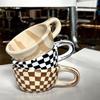 Irregular Checkered Ceramic Mug Aesthetic for Home Office Korean Creative Elegant Coffee Cup Pretty Tea Mug Gift For Women Mom