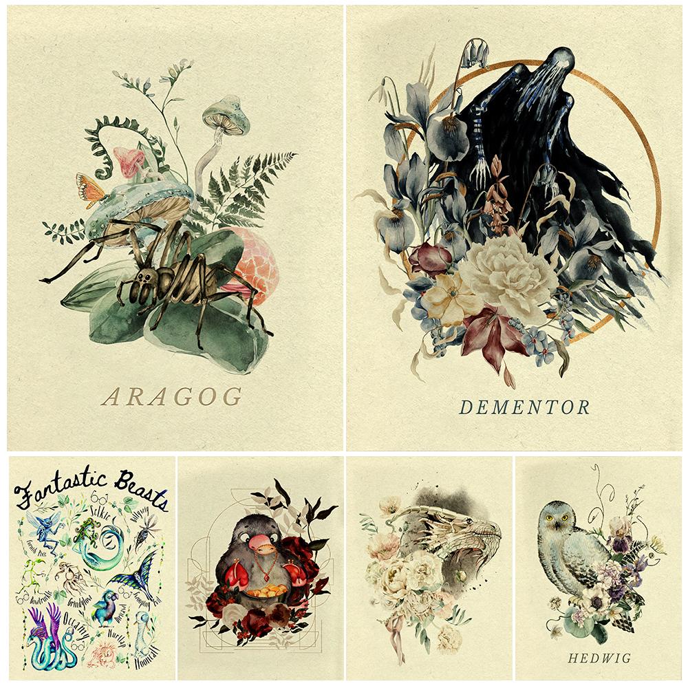 

Шляпа волшебника, растение мандрагора, снежная сова, волшебный зверь, винтажный настенный художественный принт на холсте, волшебное животное и цветочное искусство, декор для постеров (с рамкой)