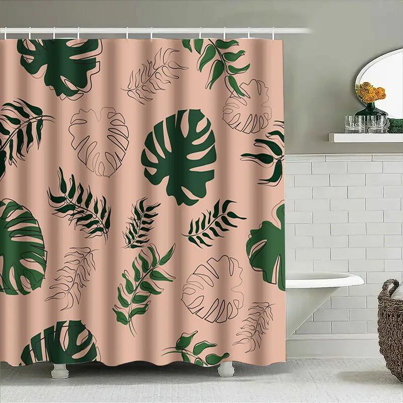 Modern Floral Shower Curtain Decor Green Leaves Pink Background Waterproof Bath Accessories Set For Home Decoration In Bathroo
