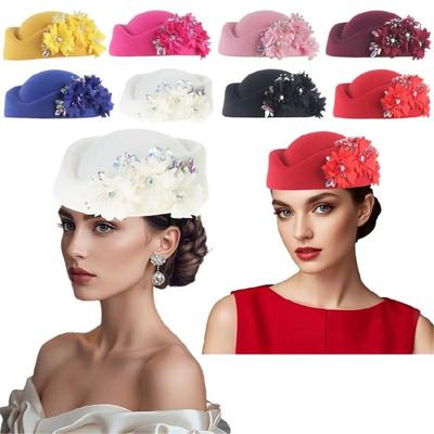 Fascinator Hat Wool Crystal Flower Design Stewardess Hat for Cocktail Party 1920s Costume Accessories Flapper Hat