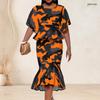 Women Plus Size Printed Round Neck Batwing Sleeve Ruffle Hem Top Fishtail Skirt Two Piece Set