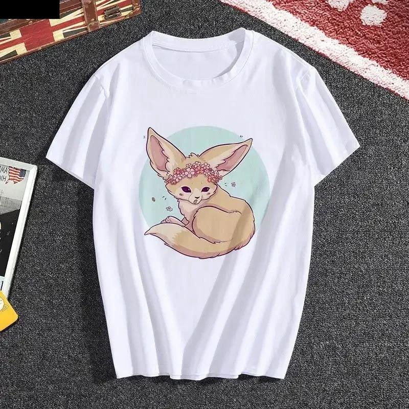Kawaii Fox Print Ladies Tshirt Ladies Casual Basis Ocollar White T Shirt Short Sleeve Ladies Tshirt Cute Animal Graphics Tops