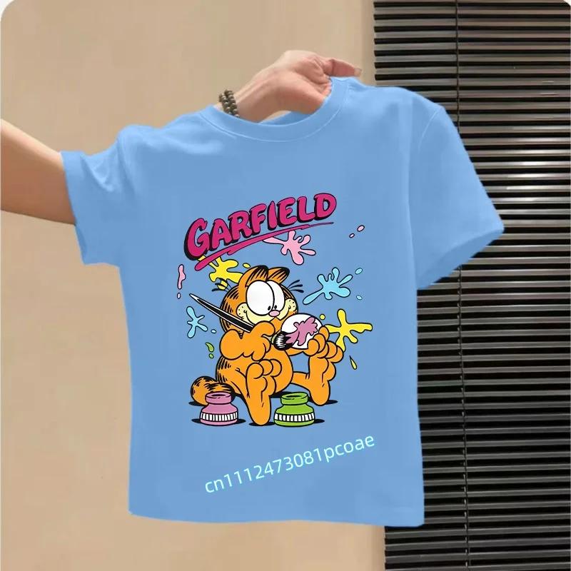 boys' sports shirt, girls' casual top with cartoon print, summer T-shirt Garfield's new children's pure polyester short-sleeved