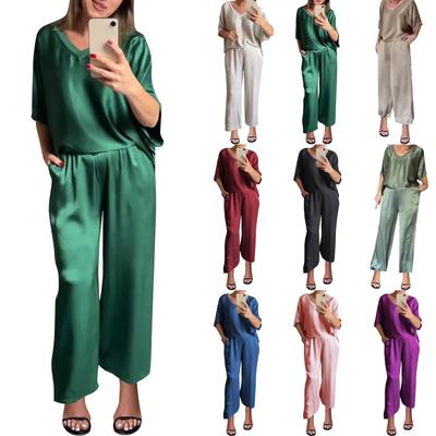 Damesmode Elegante effen kleur zijden V-hals casual set
