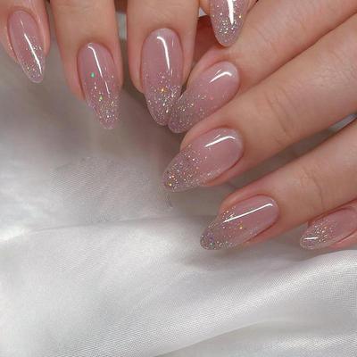 Rosa Nude Glitzernde Galaxie Nägel - 24 Tragbare Stücke mit Silberpuder-Akzenten