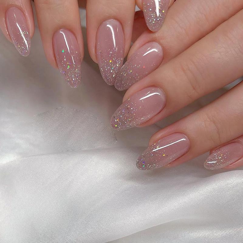 Pink Nude Sparkling Galaxy Nails - 24 Wearable Pieces with Silver Powder Accents