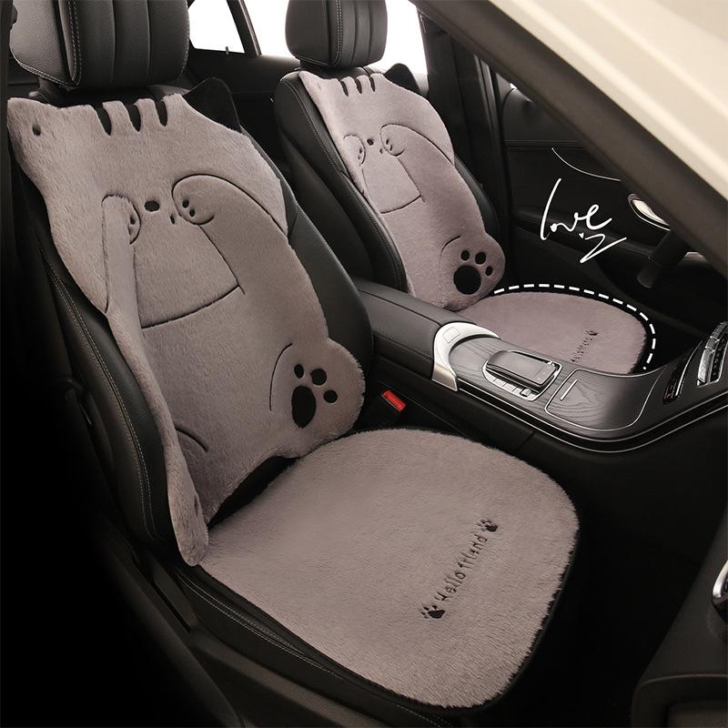 Universal Shy Cat Plush Winter Car Seat Cushion - Non-Shedding, Cartoon Design for Five Seats