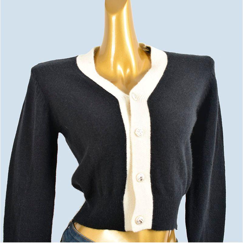 French style Retro Contrast Color V-neck Knit cardigan Women Spring and Autumn New Elegant Age-Reducing Slimming Versatile Sweater Outerwear