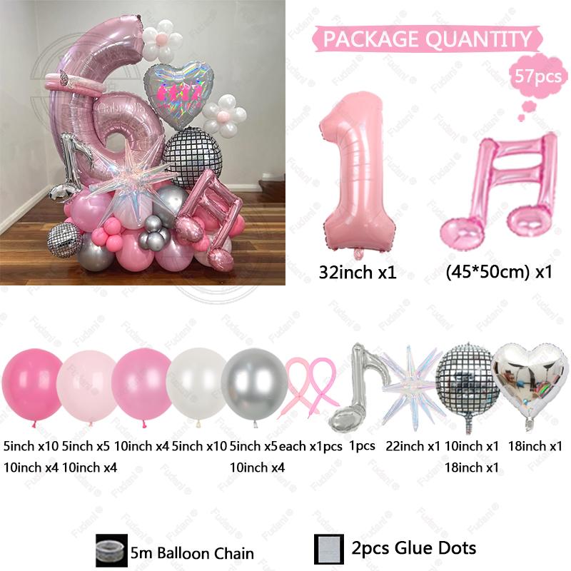 57pcs Slivery Heart Disco Balloon Silver Number Birthday Balloon Set Pink Music Note Children Adult Festive Party Decorations