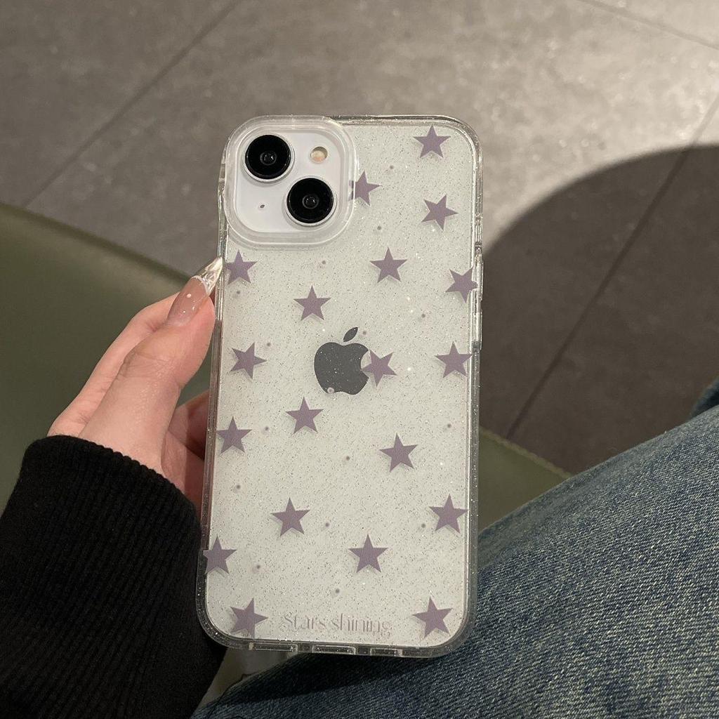 Korean Glitter Star Phone Case, Compatible with iPhone 12, 13, 14 Pro Max, 15 - Transparent for Women