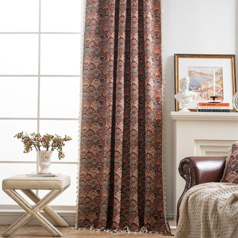 Farmhouse Rustic Ginkgo Leaf Jacquard Curtains Tassel Decor Semi-blackout Finished Window Drapes Bedroom Dining Room Home Decor