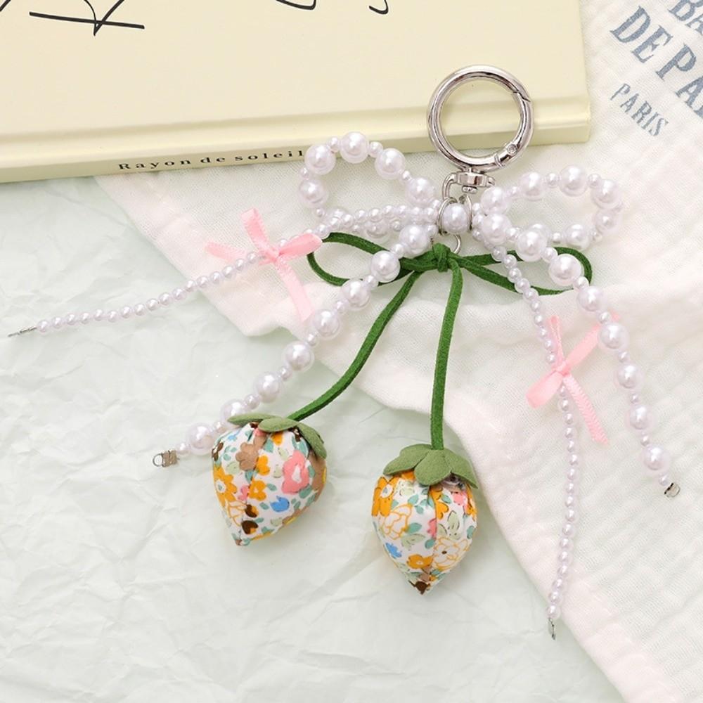 New Ribbon Pearl Strawberry Bow Keychain DIY Jewelry Style Mobile Phone Pendant Bag Charm Pendant Mobile Phone Chain