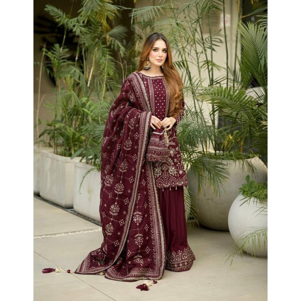 *Launching New  Đěsigner Party Wear Look Pur Heavy Faux Georgette Top Plazzo & Dupatta Set
