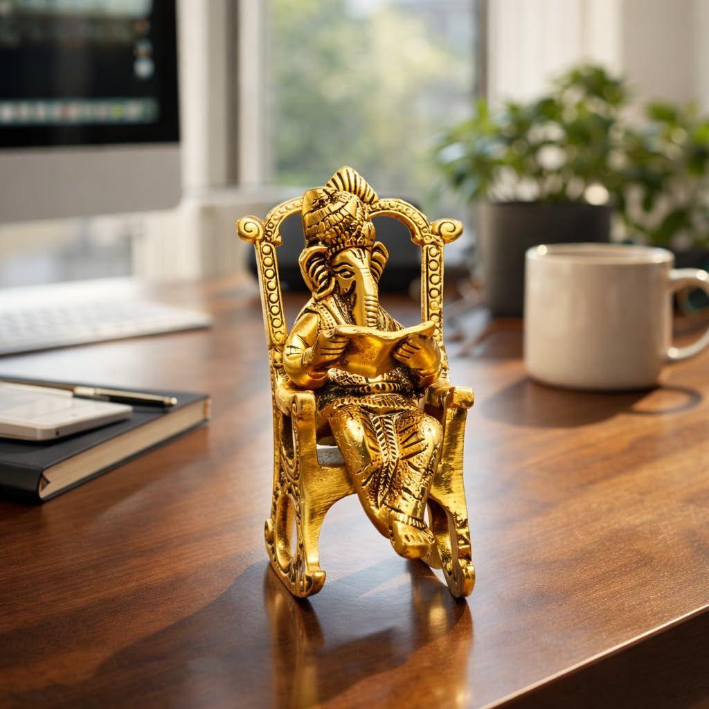 Metal Lord Ganesh Reading Ramayana Statue Ganpati Sitting on Chair with Kuber Diya Idol for Home Office and Gifts Decor