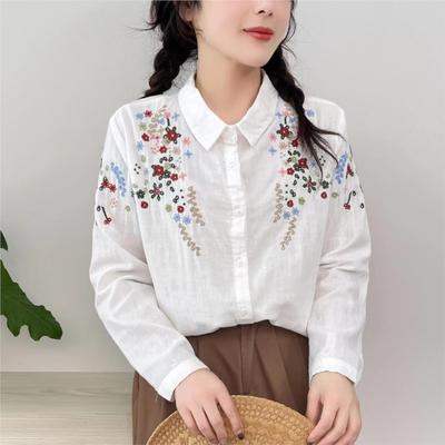 Women Embroidery Floral Shirts Tops Turn-down Collar Long Sleeve Blouses Autumn Button Women Shirts