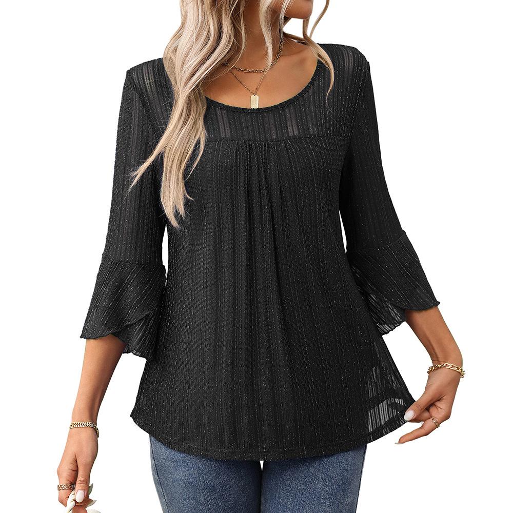 

Elegant and Fashionable Round Neck Ruffle Sleeves Sparkling Mesh Top Women s T-shirts XXL чёрный