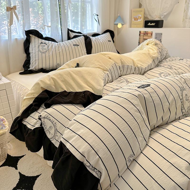 Ins Style French Romance Rose Flowers Bedding Set Washed Cotton 4pcs Bed Sheet Set Duvet Cover Set For Girl Bedding Decor Home