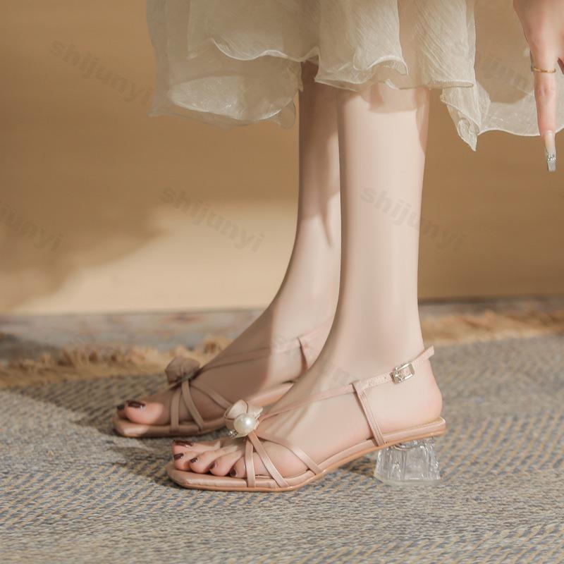 Fashion Fashion Elegant High Heel Sandals Women's 2025 New Summer Square Head Thick Heel Hollow Breathable Versatile Outdoor Beach Pumps