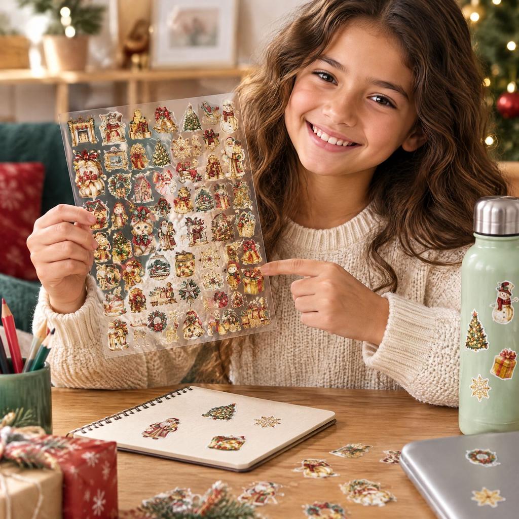 50 Sheets Gold Christmas Sticker Pack, Transparent Journaling Supplies for Scrapbook, Guitar and Notebook Decoration