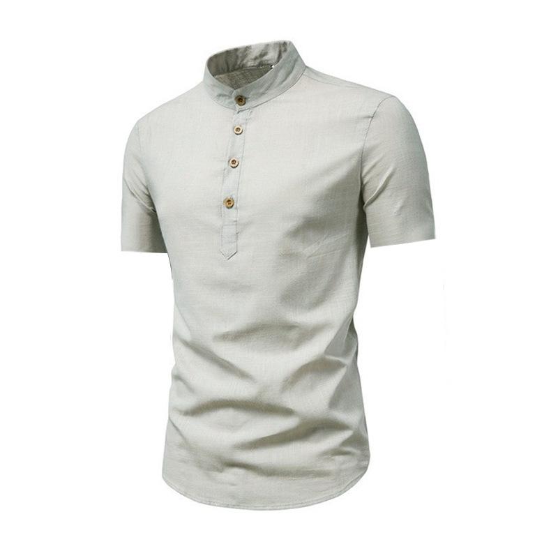 

Cotton Summer Men s T-shirt Henry Collar Button Design Short Sleeved Shirt Thin Breathable Solid Color Casual T-shirt 5XL сірий