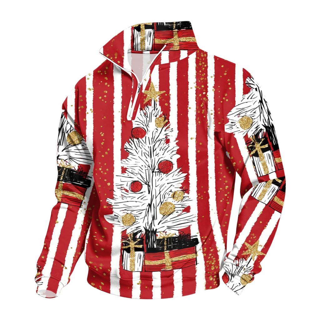 Men's Casual Quarter-Zip Stand Collar Sweatshirt with Christmas Print for Holiday Wear