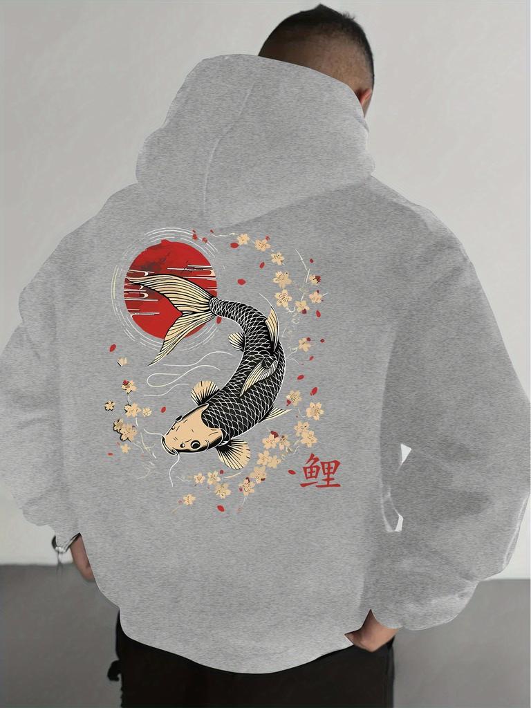Men's Autumn/Winter Koi Pattern Hoodie Casual Long-Sleeved Pullover Sweatshirt Street Style Top