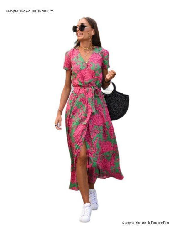 2026 European & American Women's Summer V-neck Floral Lace-up Dress