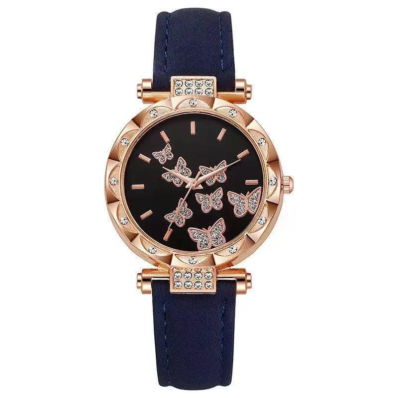 Douyin Fashion Seven-Butterfly Diamond Women's Leather Strap Watch