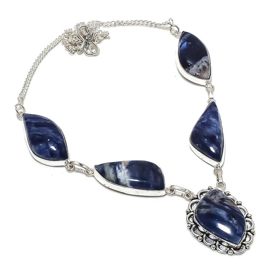 Natural Sodalite Gemstone Handmade 925 Sterling Silver Jewelry Necklace 18" W1J27