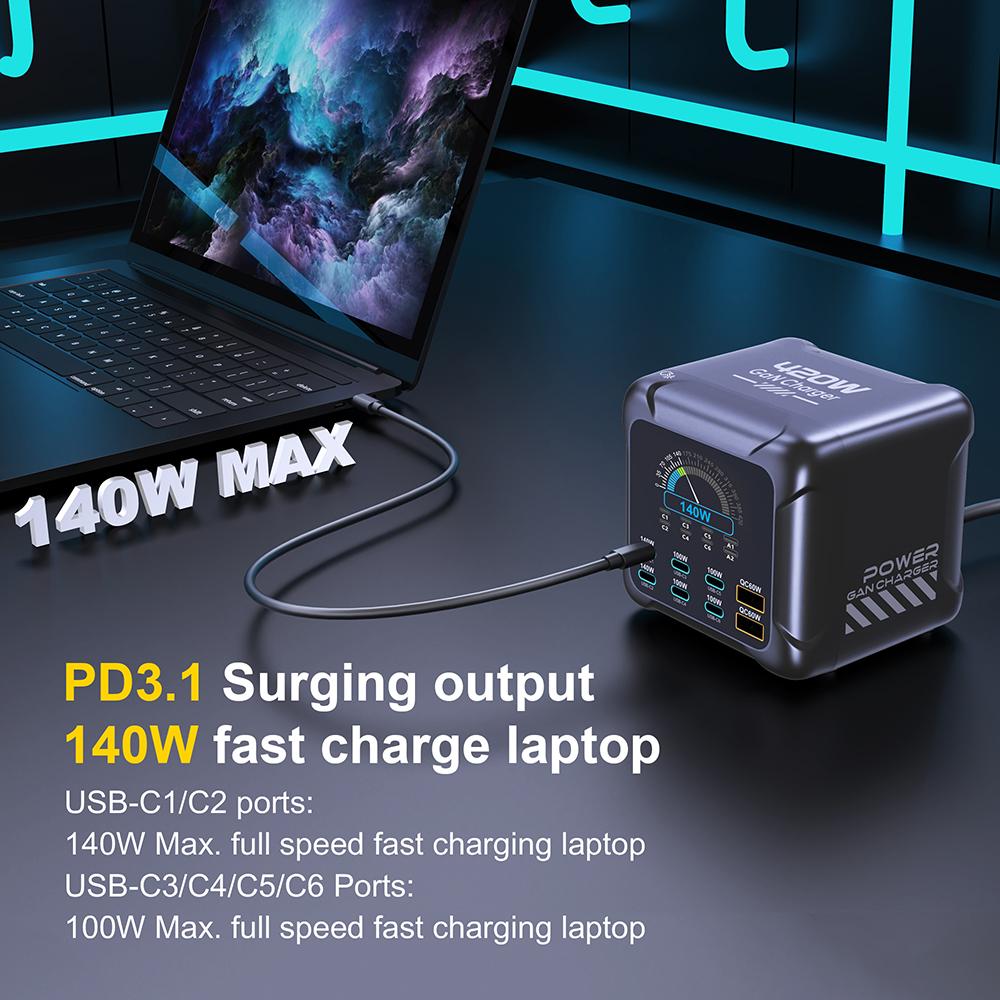 Ubigbuy 420W GaN Ladegerät PPS PD3.1 140W USB Typ C Ladegerät Digitalanzeige Schnellladestation für MacBook 17 Samsung