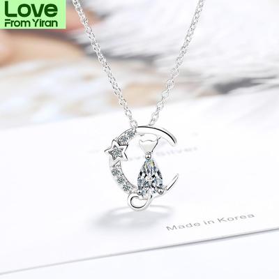 925 Sterling Silver Cute Moon Star Cat Charm Pendant Necklace Sparkling Cubic Zircon Clavicle Chain Jewelry For Women S -N521