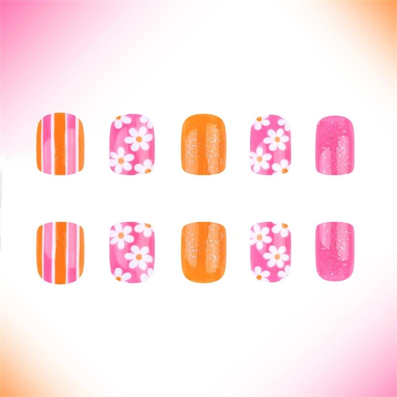 24pcs Short Square Acrylic Press On Nail With Flower Pattern For Women Full Coverage Glossy Finish False Nail