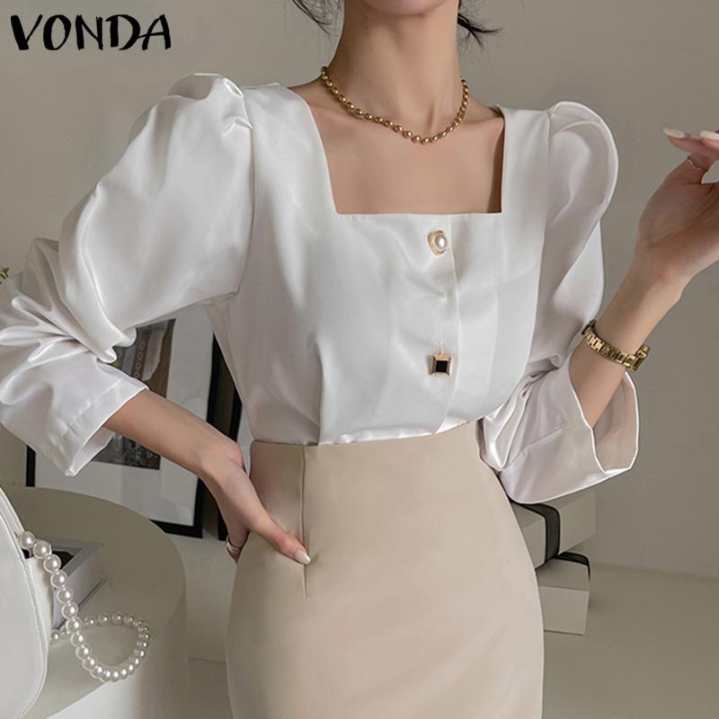 

VONDA Элегантные женские топы с квадратным воротником на пуговицах и длинными рукавами