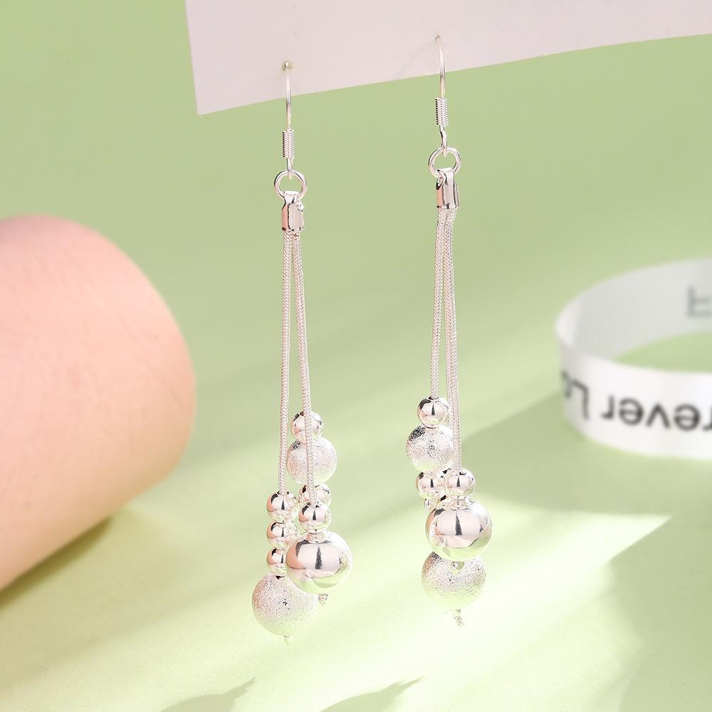 Japanese korean Fashion Sand Bead Tassel Silver Plated Ear Hook Jewelry Three-line multi-bead earrings