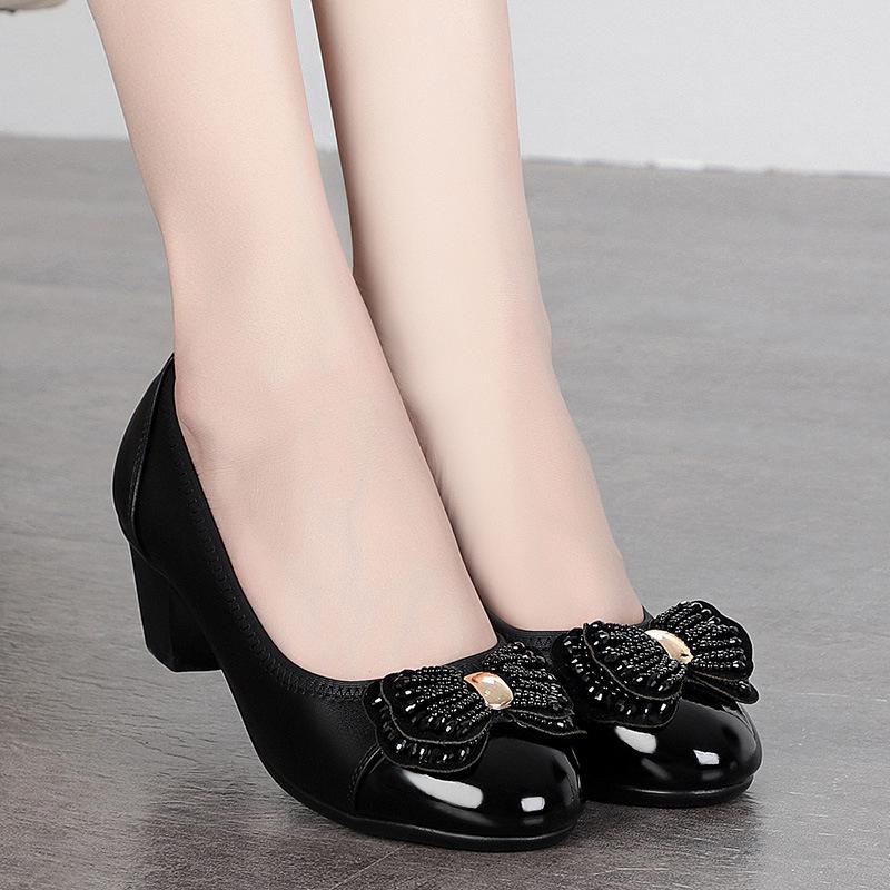 Elegant Woman's Fashion Shoes High Heels  New Spring Autumn Large Size 42 Rhinestone Bow PU Leather Shoes Women Shoes