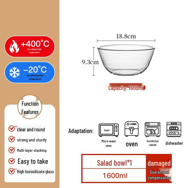 Heat-Resistant Borosilicate Glass Bowl for Microwave, Egg Beating, Baking, Dough Mixing, and Soup.