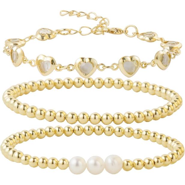 Dainty Gold Plated Pearl Crystal Beaded Bracelets Set for Women 14K Gold Plated Bead Pearl Beads Bracelet Stackable Paperclip Link Chain Bracelets