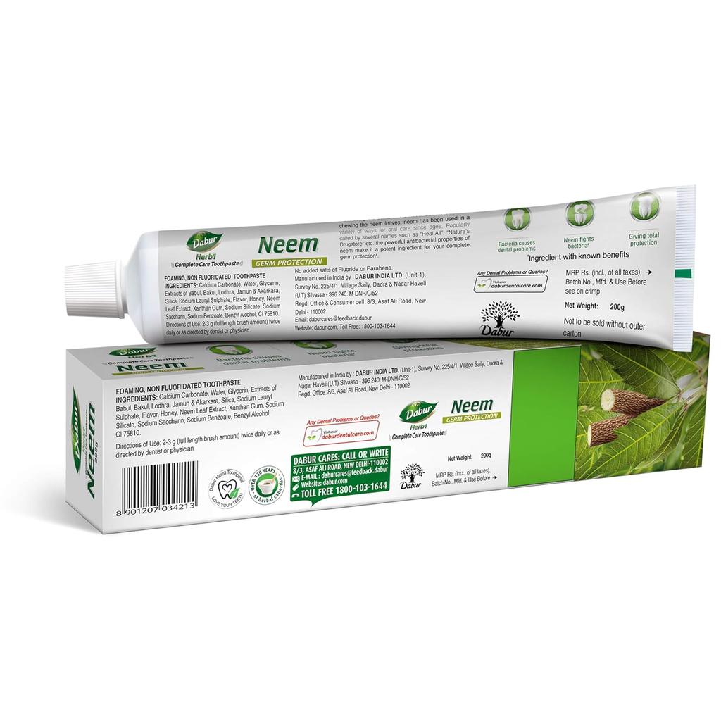 Dabur Herb'l Neem Germ Protection Toothpaste 200g | Natural Oral Care | Fluoride Free, Paraben Free, Fights Bacteria, Fresh Mouthfeel