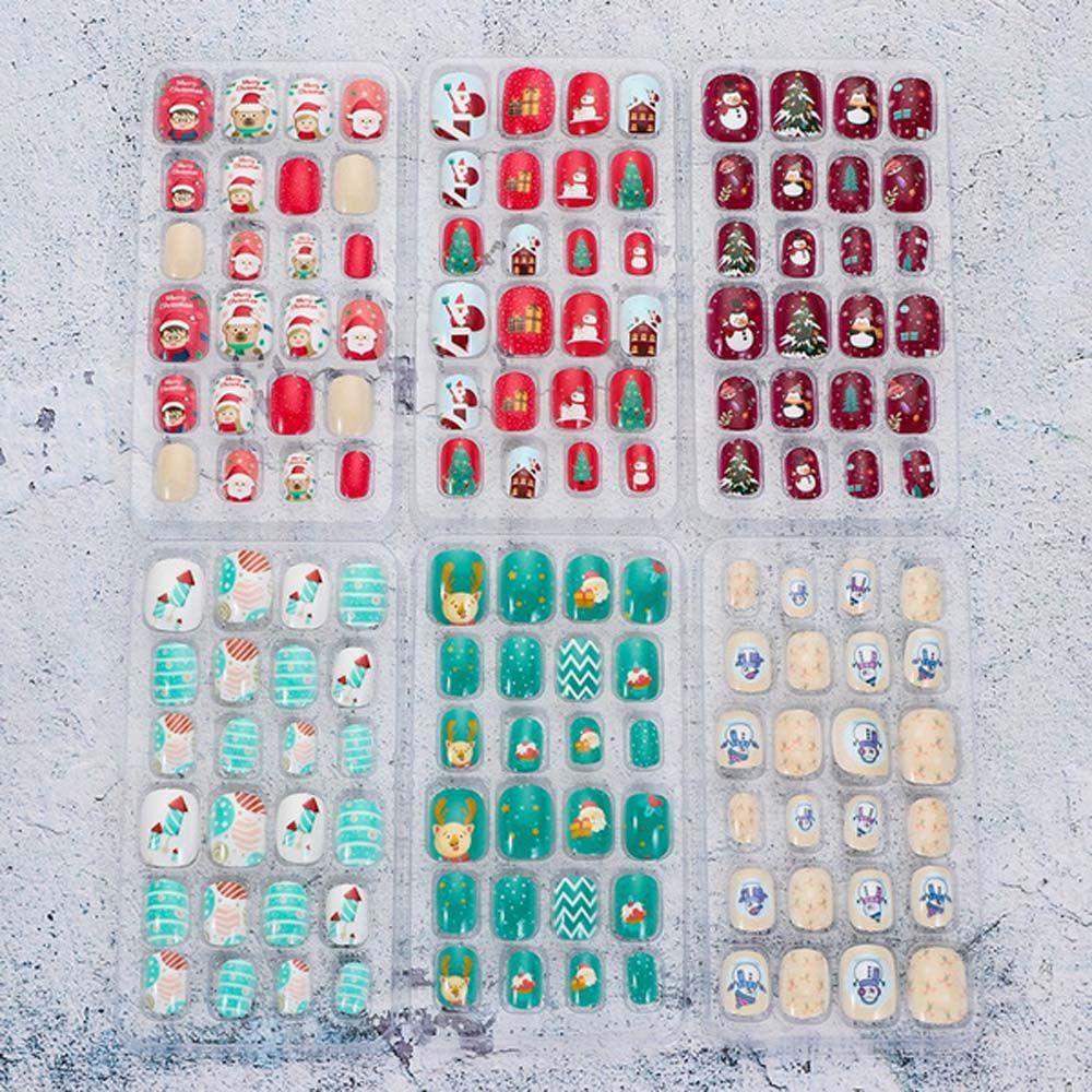Round Head Wearable Acrylic Artificial Nail Full Cover Nail Tips Christmas Series False Nails Kids Fake Nail Manicure Tool