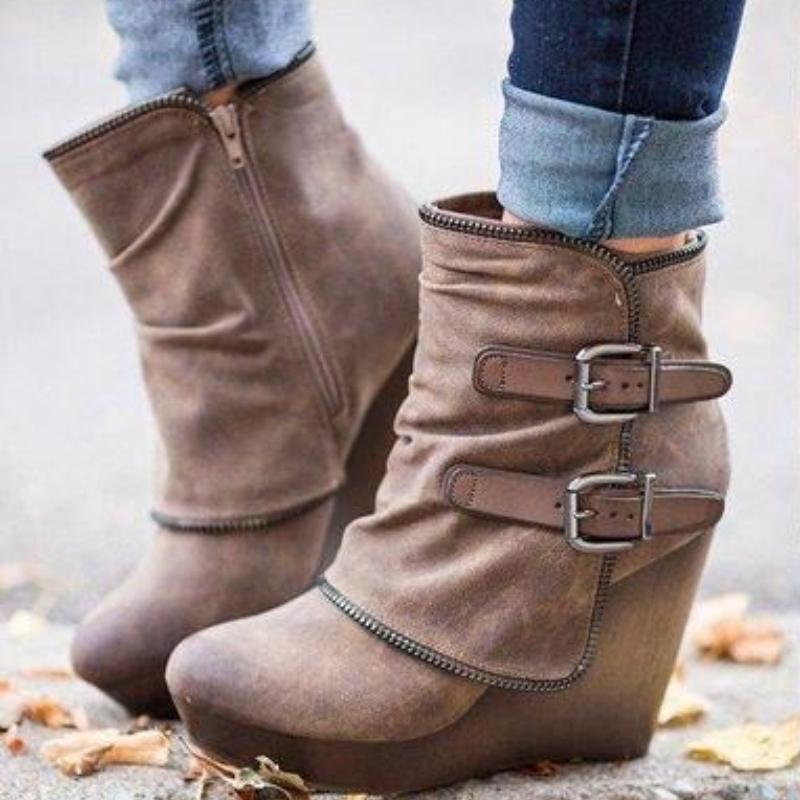 Women's Boots Zip Womens High Heels Suede Fashion Wedge Heels Durable Retro Women Ankle Boots Round Head Bottes Femmes