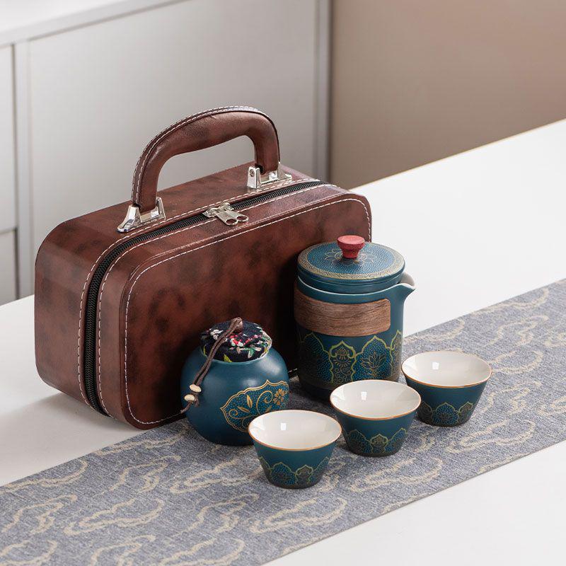 Ancient Charm Ceramic Travel Tea Set: Quick-Brew Pot with Three Cups for Outdoor Use - Customizable Logo Gift