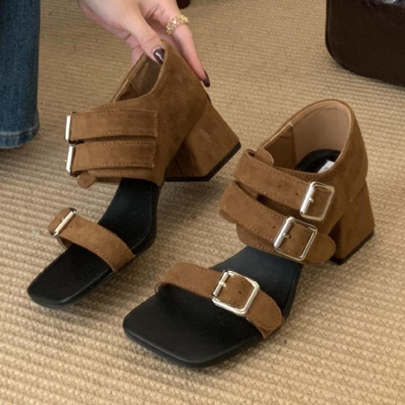 

Fashion High Quality Faux Suede Heeled Sandals Women Fashion Square Toe Buckle Brand Designer Shoes Comfort Open Toe Sandalias De Mujer 35 коричневый