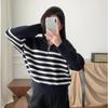 Autumn Winter Fashion Striped Zippered Lapel Long Sleeve Loose Casual Knitted Sweater for Women