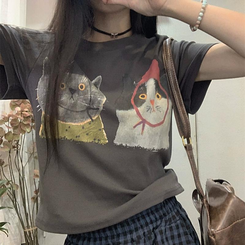 Letní čistá bavlna vtipná kreslená trička Dámské bílé tričko s kulatým výstřihem a krátkým rukávem ležérní Elastické úzké y2k Crop Tops dámské