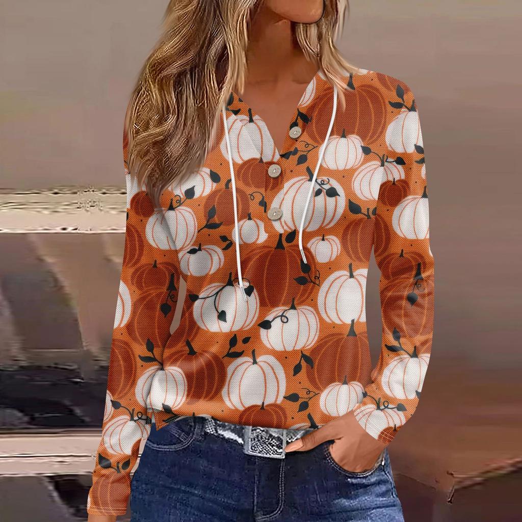 Damemote Uformelt Halloween-trykt hettegenser dekorert med knapp Langermet T-skjorteskjorte