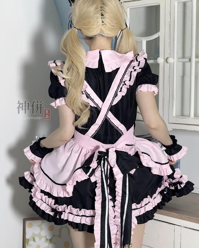 Plus Size Maid Gothic Lolita Waitress Cosplay Ruffled Lolita Outfit with Ear Neat and Short Black and Pink [God-Quality Product] Outfit, Costume,