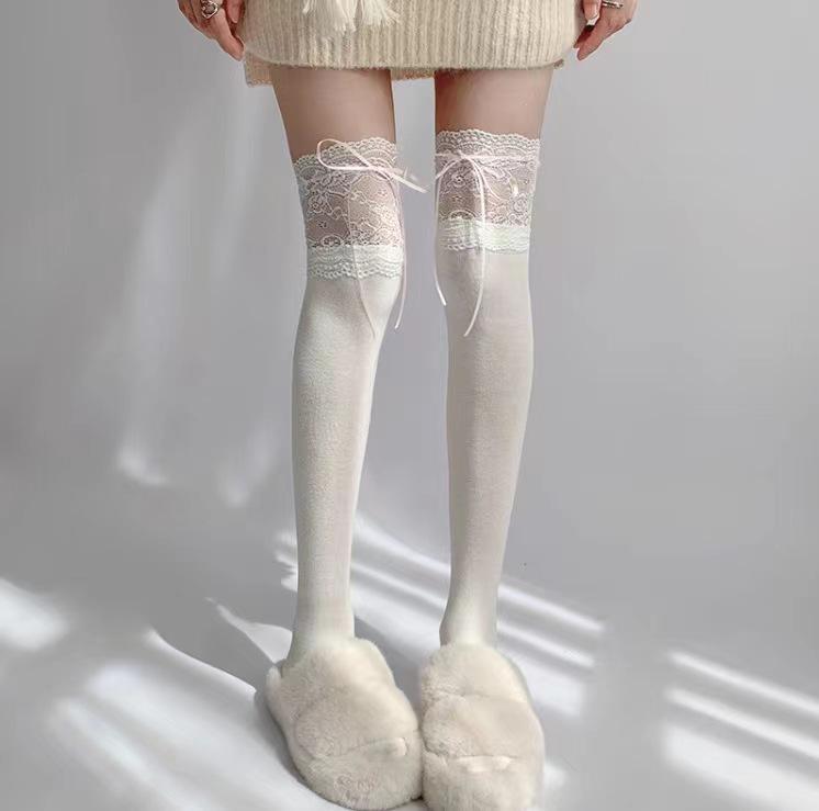 Lolita Lace Knee Socks White Women'S Ribbon Bow Medium Stockings Jk Autumn Thin Calf Socks