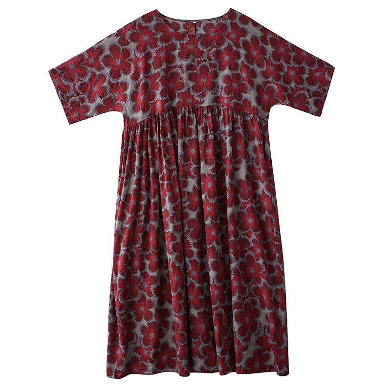 DIMANAF New 2026 Summer Beach Women Plus Size Vintage Lady Long Dress Red Loose Oversize Maxi Floral Print Cotton