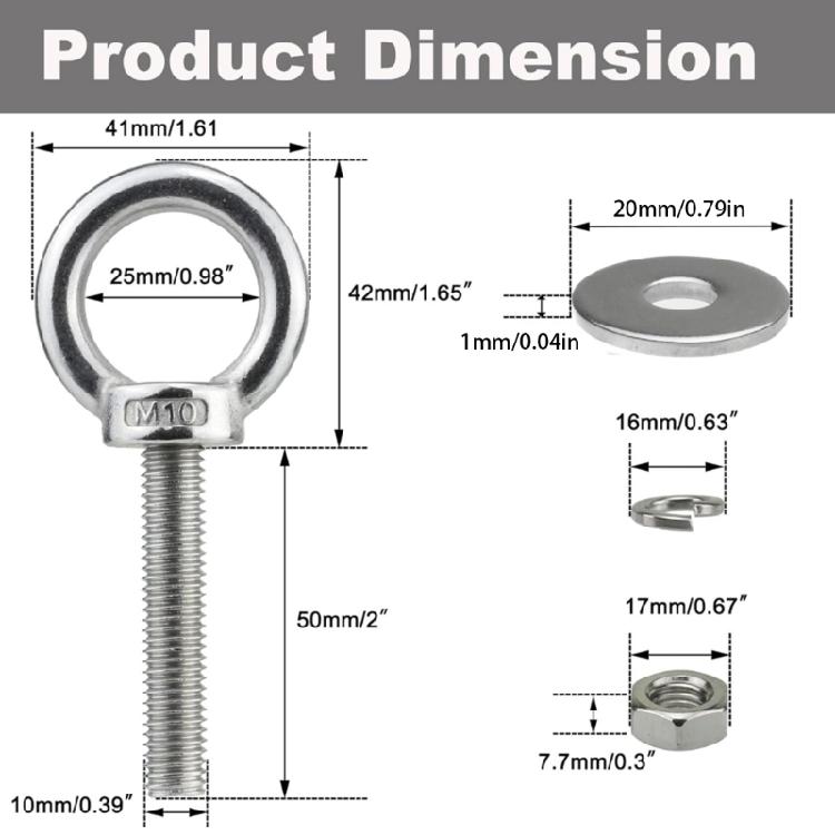 Heavy Duty M10X50mm Metal Eye Bolt Corrosion Resistant 200kg Safe Load Hanging Bolt Simple Installation for Outdoor