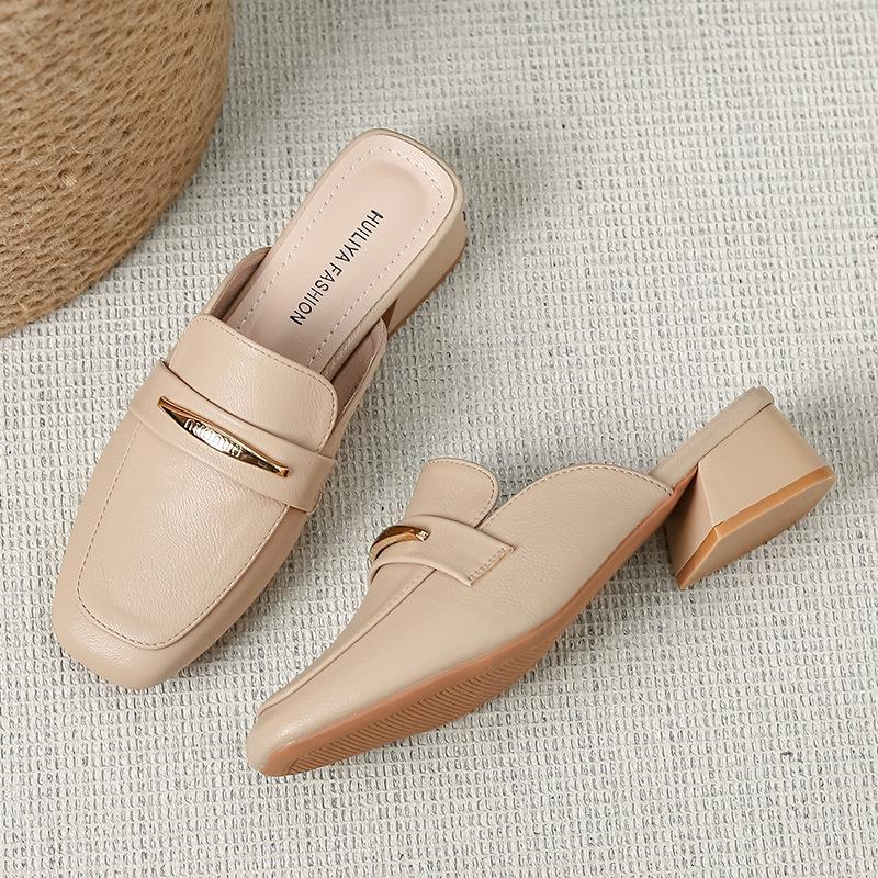 Baotou half slippers Muller shoes women's fashion outer wear lazy square head medium heel thick heel cool slippers women X332-5